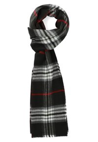 Czarna, szara i biała szalik w kratę z czerwonymi akcentami. Wykonany z miękkiego materiału, z frędzlami na końcach i wszechstronnym stylem opadania.