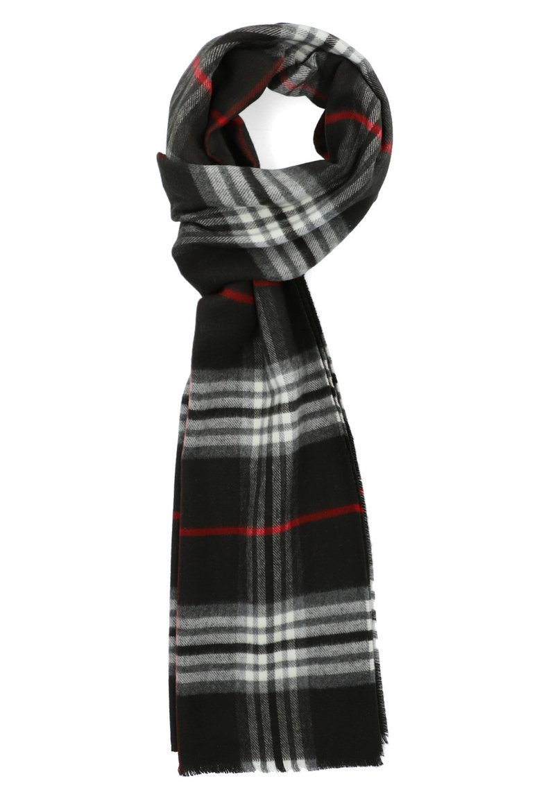 Czarna, szara i biała szalik w kratę z czerwonymi akcentami. Wykonany z miękkiego materiału, z frędzlami na końcach i wszechstronnym stylem opadania.