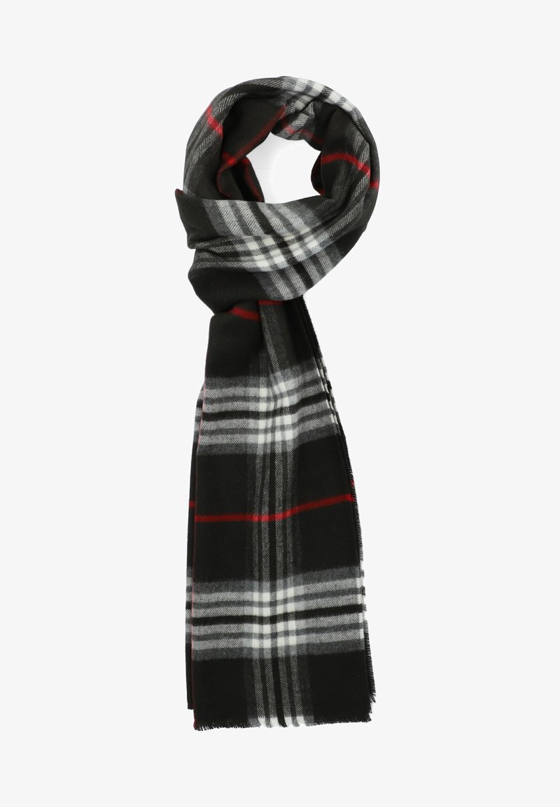 Czarna, szara i biała szalik w kratę z czerwonymi akcentami. Wykonany z miękkiego materiału, z frędzlami na końcach i wszechstronnym stylem opadania.