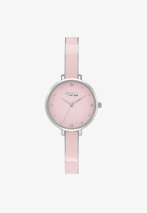 Orologio da polso rotondo rosa con cassa in argento, indicatori delle ore in cristallo, sottili cinturini rosa e lancette argentate accanto a una corona a destra.