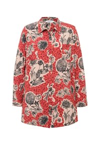 Camicia a fantasia floreale con una combinazione di colori rosso e beige, maniche lunghe, colletto a punta e chiusura con bottoni. Presenta diverse decorazioni botaniche.