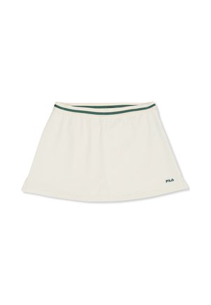 Gonna sportiva bianca con elastico in vita, caratterizzata da due strisce verdi e un piccolo logo FILA verde vicino all'orlo sul lato destro.