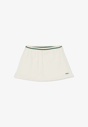 Jupe de sport blanche avec taille élastique, comportant deux bandes vertes et un petit logo FILA vert près de l’ourlet du côté droit.