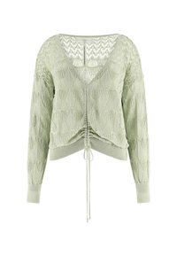 Lichtgroene gebreide cardigan met een V-hals, getextureerd loofpatroon, geribbelde manchetten en een koord aan de onderkant voor een verstelbare pasvorm.