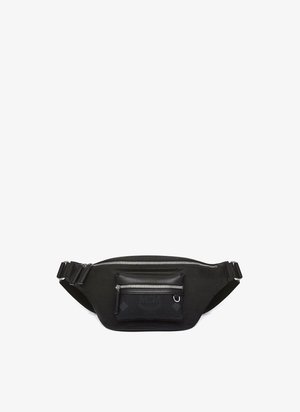 Schwarze Gürteltasche aus strapazierfähigem Material, mit einem Hauptfach mit Reißverschluss und einer Fronttasche mit Reißverschluss und strukturiertem Design.