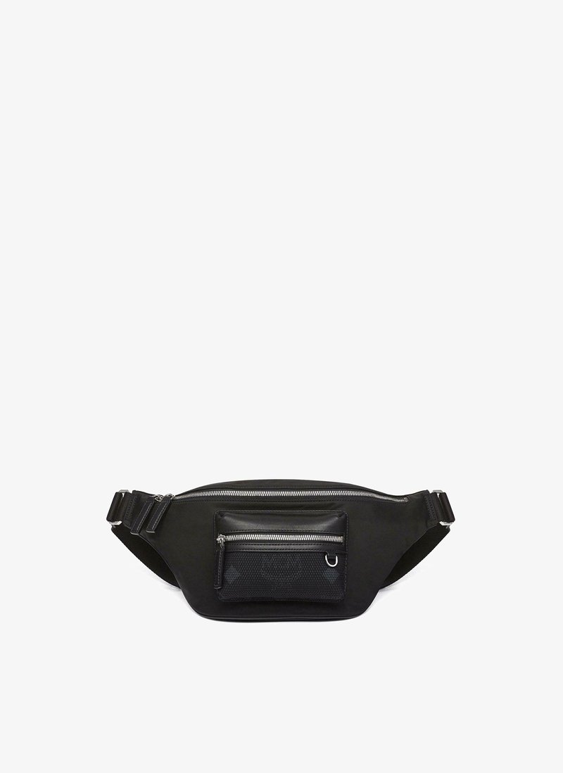 Czarna saszetka na biodra wykonana z trwałego materiału, posiadająca główną komorę zapinaną na zamek oraz przednią kieszeń zapinaną na zamek z teksturowanym wzorem.