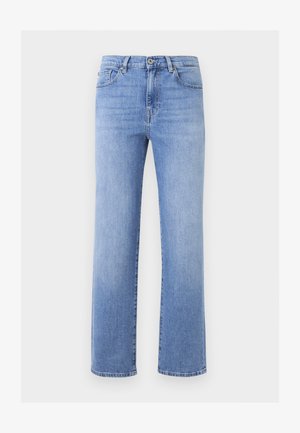 Heledat sinist teksapüksid sirge säärega, nööpidega sulgemine, ees taskud ja nähtavad õmblused tavalise tausta peal.