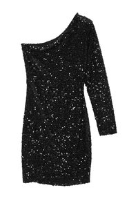 Robe noire en sequins avec une manche longue, design ajusté et décolleté légèrement drapé, présentant une texture lisse et des embellissements brillants.