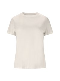 Lys beige kortærmet t-shirt lavet af glat stof, med en rundt halsudskæring og en afslappet pasform. Ingen synlige mønstre eller decorationer.