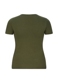 Olijfgroene t-shirt met korte mouwen, een ronde hals en een gladde, aansluitende textuur. Geen zichtbare patronen of accenten. Alleen achteraanzicht.