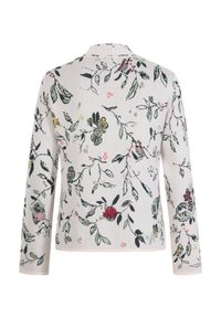 Heleda lilledega kudumiskardigan helesinisena, pikade varrukatega, millel on rohelised lehed, punased ja kollased detailid ning pehme tekstuur.