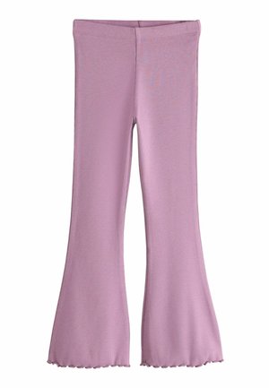 Pink ribbed flared trousers with a soft texture and scalloped hem. The fabric is stretchy, providing comfort and ease of movement.