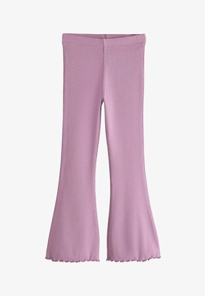 Roza rebrasta široka hlače s mehkobo in valovitim robom. Tkanina je elastična, kar zagotavlja udobje in prožnost gibanja.