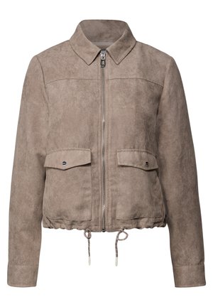 Taupe corduroy jacket with front zipper, collar, two flap pockets with snap buttons, and adjustable drawstring hem.