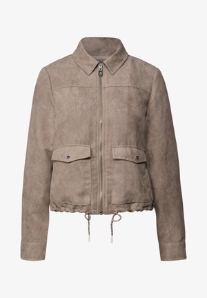 Tannfarbener Cordjacke mit Frontreißverschluss, Kragen, zwei Klappentaschen mit Druckknöpfen und verstellbarem Kordelzugsaum.