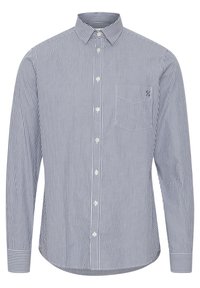 Camicia a maniche lunghe con bottoni, a righe verticali blu navy e bianche, colletto aperto, taschino frontale e orlo stondato. Vestibilità sartoriale.