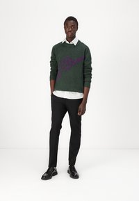 Grüner Strickpullover mit lila Text, über einem weiß-schwarz gestreiften Hemd getragen, kombiniert mit schwarzen Hosen und schwarzen Schuhen.