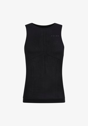 Débardeur noir sans manches en tissu texturé. Présente une silhouette ajustée et un branding discret sur la poitrine.