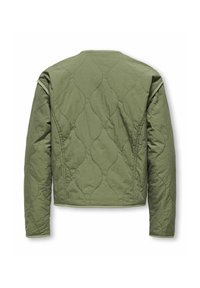 Olivgrön vadderad jacka med vågig sömnadsdesign, långa ärmar och rund halsringning. Tyget har en rynkad struktur.