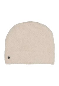 Beige soft knit beanie hat with a small round black logo emblem on the lower left side.