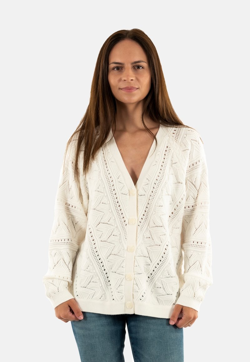 Suéter de punto blanco con un patrón geométrico, escote en V, botones en la parte delantera y puños y dobladillo acanalados. Lleva puesto sobre unos vaqueros.