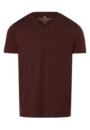Bordeaux v-hals t-shirt van 100% katoen. Korte mouwen, gladde textuur en een rechte snit aan de zoom. Merklabel zichtbaar aan de binnenkant van de hals.