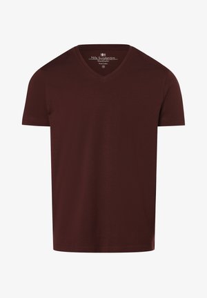 Bordeaux v-hals t-shirt van 100% katoen. Korte mouwen, gladde textuur en een rechte snit aan de zoom. Merklabel zichtbaar aan de binnenkant van de hals.