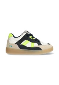 Sneaker with a white leather upper, black suede accents, and neon green details. Features a rubber sole and black laces design.