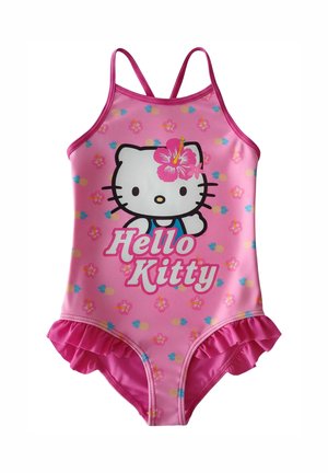 Pinkes Mädchenbadeanzug mit kleinen Blumen- und Ananasmustern, mit Hello-Kitty-Gesicht und einer pinken Blume sowie dem Text "Hello Kitty" vorne.