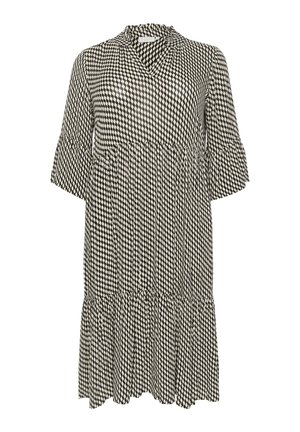 Abito a fantasia nera e crema con scollatura a V, maniche corte a palloncino con volant e gonna a strati. Realizzato in tessuto leggero.