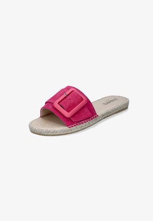 Pink suede slide sandal featuring a large square buckle, espadrille-style braided sole, and open toe design. Smooth inner lining.