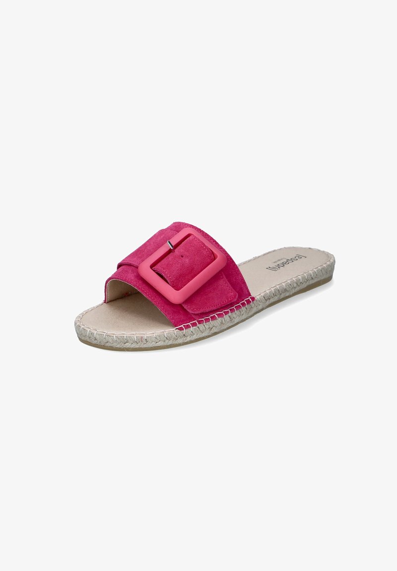 Pink suede slide sandal featuring a large square buckle, espadrille-style braided sole, and open toe design. Smooth inner lining.