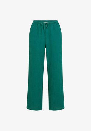 Rohelised laia säärisega püksid, valmistatud kerge ja tekstuurse kangaga. Omavad elastset vöökohale trukiga pingutatavat nööri reguleeritava sobivuse jaoks.