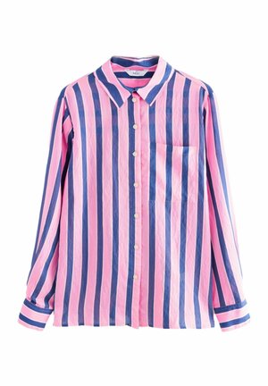 Long-sleeve button-up shirt with vertical pink and blue stripes and a single chest pocket, displayed against a white background.