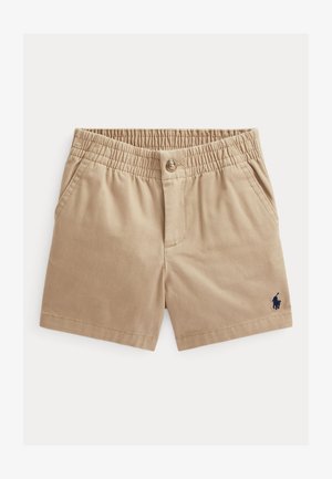Pantaloni scurți khaki dintr-un material moale, cu un brâu elastic, dotati cu o închidere frontală cu buton, buzunare laterale și un mic logo bleumarin.