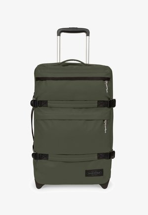 Valigia morbida verde scuro con manico telescopico, due cinghie di compressione orizzontali, tasche frontali con zip e due ruote alla base.