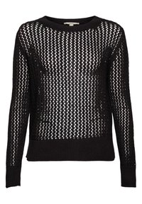 Pull en tricot noir avec un design en mailles ouvertes, encolure ronde et manches longues. Finition côtelée en bas et aux poignets. Matière légère et texturée.
