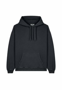 Felpa nera con cappuccio in cotone, dotata di tasca a marsupio, cappuccio regolabile con lacci, polsini e orlo a coste. Design semplice senza motivi o accenti.