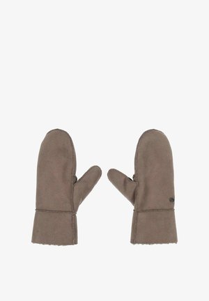 Rudos pirštinės, pagamintos iš minkštos medžiagos, turinčios paprastą formą ir su taisytuvais. Šonėje yra mažas logotipo detalė.