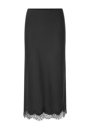 Black midi skirt made of smooth fabric, featuring delicate lace trim at the hem, offering a sleek silhouette and soft texture.