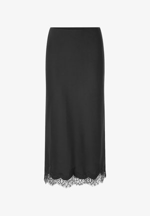 Black midi skirt made of smooth fabric, featuring delicate lace trim at the hem, offering a sleek silhouette and soft texture.