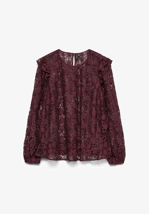 Blouse en dentelle bordeaux avec des manches longues, des accents froncés aux épaules, un col rond et une ouverture en clé au dos. Motif floral détaillé.