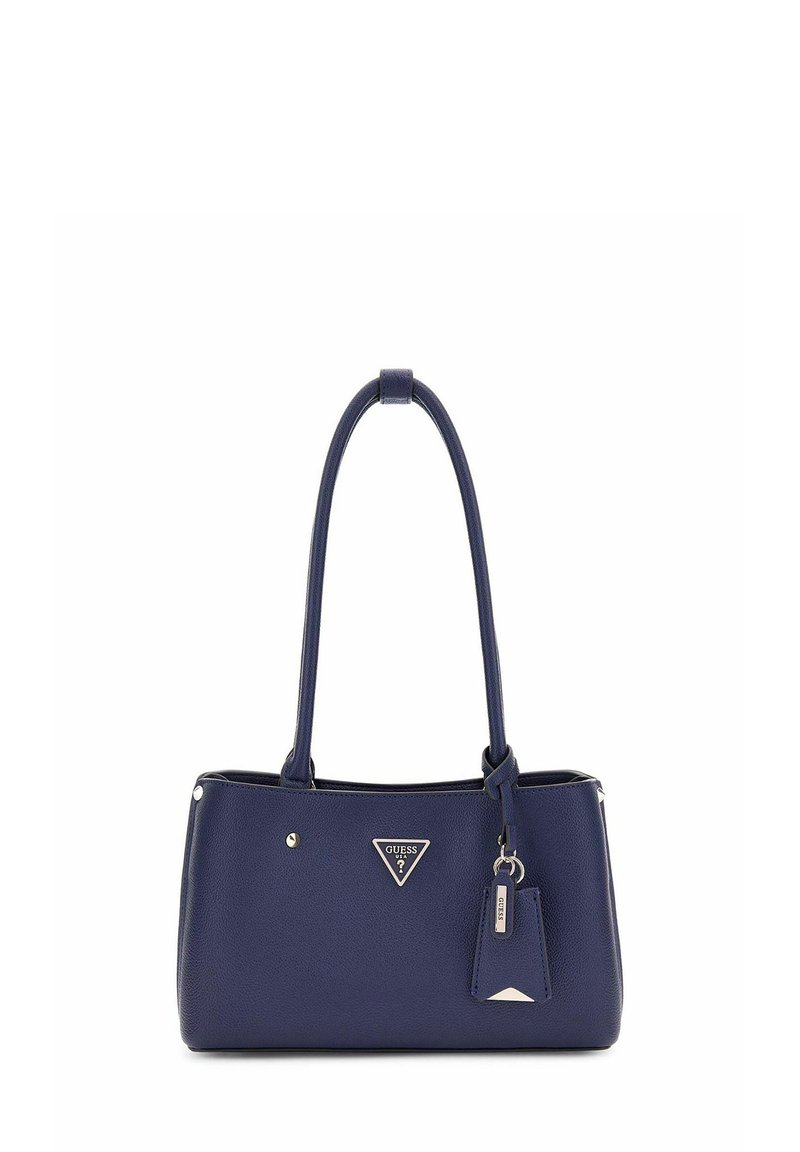 Sac à main synthétique bleu marine avec une finition texturée, deux poignées, un détail de logo argenté et une étiquette décorative. Comprend des accents en métal.