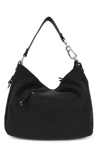 Schwarze Stoff-Schultertasche mit einer gebogenen Form, ausgestattet mit einer Reißverschlusstasche auf der Vorderseite und einem abnehmbaren Tragegurt mit silberfarbenen Beschlägen.