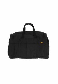Sac de voyage noir en tissu résistant, doté de doubles poignées, fermeture éclair, et poche avant avec un accent jaune. Surface texturée.