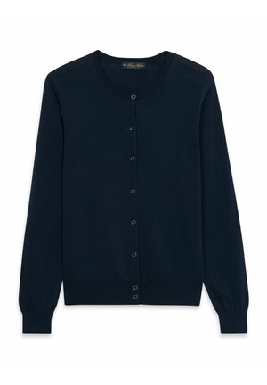 Cardigan blu navy con maniche lunghe, bottoni davanti, polsini e orlo a coste, e scollo rotondo.