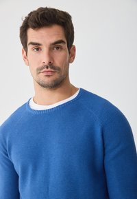 Blauer, gerippter Strickpullover mit Rundhalskragen und weißem Innenkragen. Aus weichem Material und taillierter Passform, getragen von einem männlichen Model.
