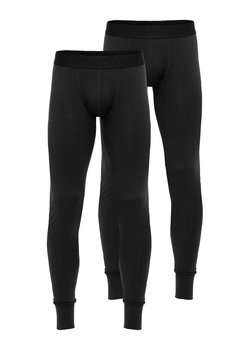 Black thermal leggings with a fitted design, elastic waistband featuring embossed logo, and ribbed cuffs at the ankles.