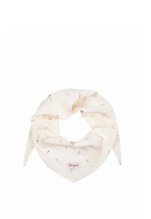 Kremfarget trekantet skjerf med små rosa blomstertrykk og "Oh April"-etikett nederst i midten.