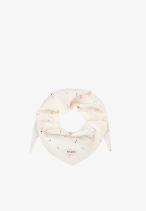 Kremfarvet trekantet tørklæde med små lyserøde blomsterprint og "Oh April" mærke i midten forneden.